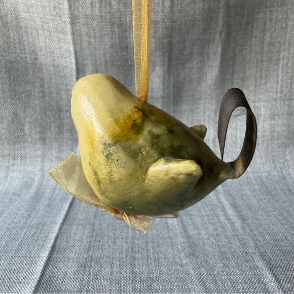 Rustic Yellow Hanging Ceramic Bird Gold Ribbon Ornament Chickadee Figurine Decor - Picture 4 of 15